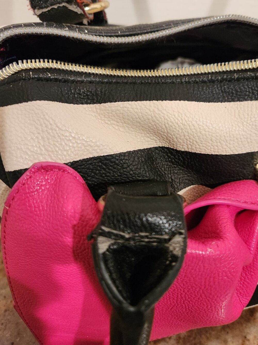 Betsey Johnson Black and Hot Pink Striped Satchel - Picture 5 of 14